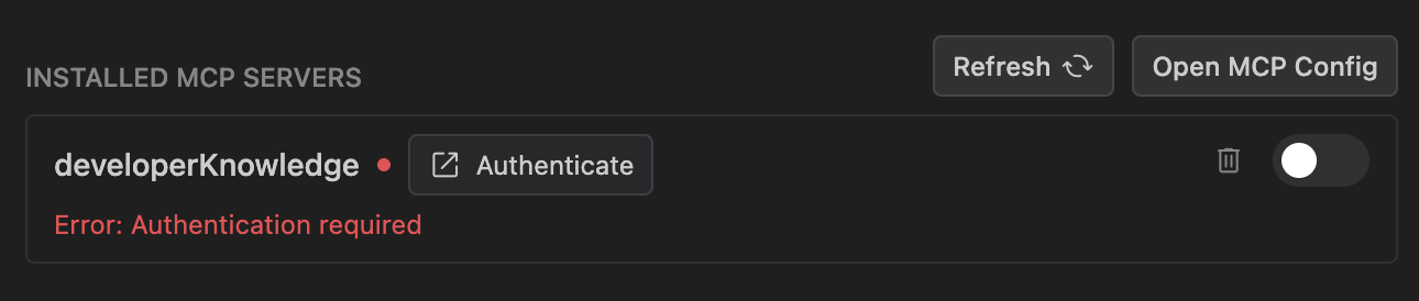 Antigravity's official MCP Authenticate control