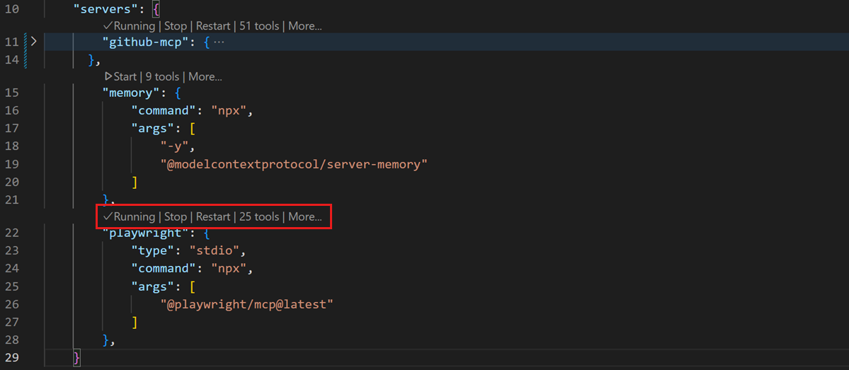 VS Code's official MCP configuration example with Start and tool controls