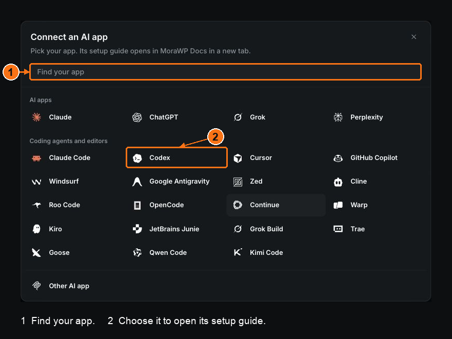 MoraWP's real AI app picker, with the search field and an example app marked